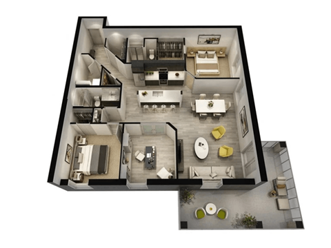 A colored floor plan of a house with a kitchen, living room, and bathroom.